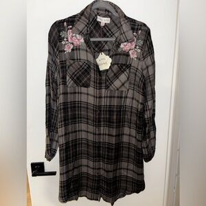 Knox Rose Gray Plaid Dress with Pink Floral Embroidery